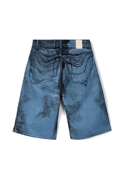 Denim shorts in a medium blue wash with a textured, patterned design. Features two back pockets and a fabric label on the waistband.