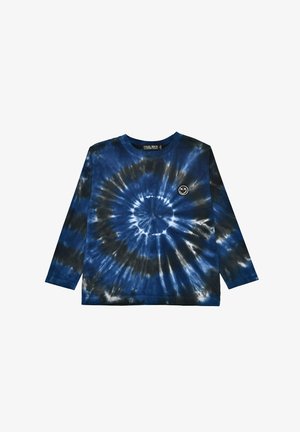 Long-sleeve shirt in blue and black tie-dye pattern, featuring a round neckline and a small circular logo on the chest. Cotton material.