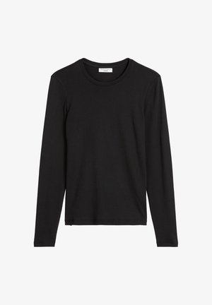 Langärmliges schwarzes T-Shirt aus weichem, elastischem Stoff. Runder Ausschnitt mit Nahtdetails, figurnahe Form und ohne sichtbare Muster oder Logos.