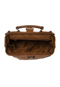 Bruine leren tas met een gestructureerd ontwerp, voorzien van een bovenhandvat, binnenzak en een satijnen binnenvoering met een merklogo patroon.