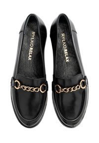 Black leather loafers with a flat sole, round toe, and gold chain accent at the vamp. Textured insoles with brand name printed in gold.