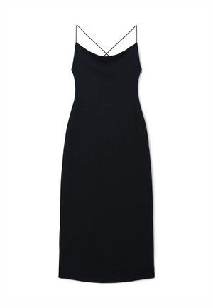 Schwarzes Spaghetti-Trägerkleid mit taillierter Silhouette, aus glattem Stoff gefertigt, mit einem Schalkragen und einem gekreuzten Rückendesign.