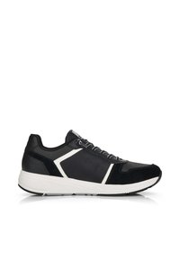Black athletic shoes with a mix of leather and mesh materials, featuring a white accent design and textured black overlay, with a cushioned sole.