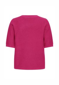 Roza pleteni top s kratkim rukavima, okruglim izrezom i teksturiranim završetkom. Pogled sa stražnje strane prikazuje glatki, ujednačeni uzorak.