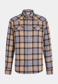 Camicia flanella a quadri marrone, blu e beige con maniche lunghe, chiusura a bottoni e due tasche sul petto. Tessuto morbido, design a vestibilità regolare.