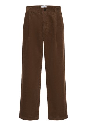 Braune Cord-Hosen mit weit geschnittenem Bein, vertikaler Rippstruktur, einem Knopfverschluss vorne und seitlichen Taschen. Maßgeschneidert für einen entspannten Sitz.
