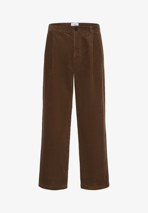 Brown corduroy wide-leg trousers with vertical ribbed texture, a front button closure, and side pockets. Tailored for a relaxed fit.