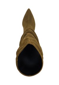 Olive green, suede over-the-knee boot with a pointed toe and gathered texture. Interior is black, featuring a wide opening at the top.