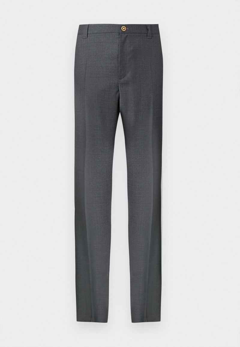 Grijze, op maat gemaakte broek met een gladde textuur, recht ontwerp en een subtiel patroon. Heeft een enkele knoopsluiting en standaard broekriemlussen.