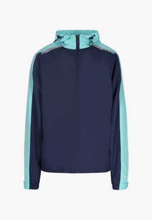 Marineblauer und hellblauer Kapuzenjacke mit durchgehendem Reißverschluss, elastischen Bündchen und Seitentaschen, die eine elegante, glatte Stoffoberfläche aufweist.
