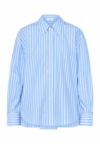 Lyseblå skjorte med knaplukket krave, lange ærmer og lynlås. Har lodrette hvide striber og kontrastfarvede manchetter.
