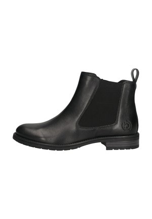Black leather Chelsea boot with elastic side panel, pull tab at heel, low stacked heel, and embossed logo near sole.