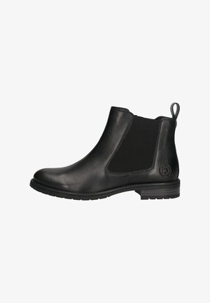 Schwarze Chelsea-Stiefel aus Leder mit elastischem Seitenpaneel, Zugschlaufe an der Ferse, niedrigem Blockabsatz und geprägtem Logo in der Nähe der Sohle.