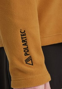 Fleece-Pullover in senfgelb mit einer weichen Textur. Mit schwarzem Polartec-Logo am Ärmel, das ein funktionales und warmes Design zeigt.