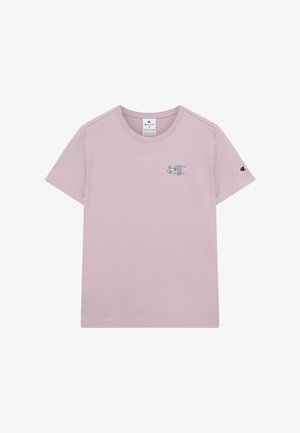 Light mauve short-sleeve T-shirt with small embroidered Champion logo and tiny decorative symbols on left chest and sleeve.