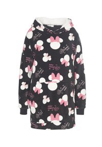 Felpa nera in pile con un motivo di teste di Topolino bianche con fiocchi rosa e il testo "Minnie xoxo." Include una tasca anteriore.