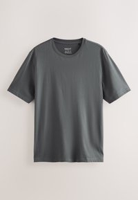 T-shirt grigio scuro a maniche corte con scollo rotondo e vestibilità regolare, mostrata su sfondo chiaro.