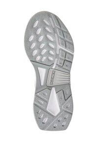 Szara i biała podeszwa sportowego buta z fakturowanymi wzorami, dużymi elementami zapewniającymi przyczepność oraz wyraźnym logo na środku. Wykonana z trwałej gumy.