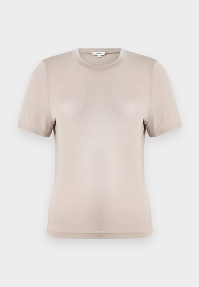 Beige short-sleeve t-shirt made of soft fabric. Features a round neck and simple design with smooth texture and no visible patterns.