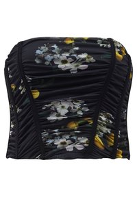 Haut bandeau à imprimé floral avec base noire, texture froncée et détails latéraux réglables. Comprend des accents floraux blancs et jaunes.