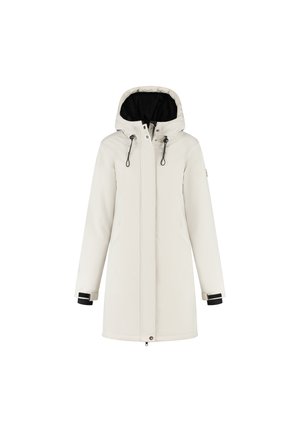 Vrouwelijke lange off-white winterjas met capuchon, zwarte binnenvoering, rits- en drukknoopsluiting, zijzakken en verstelbare manchetbanden.