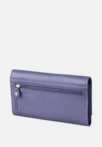 Purple leather wallet with a textured finish, featuring a zippered pocket and contrast stitching along the edges. Compact and rectangular shape.