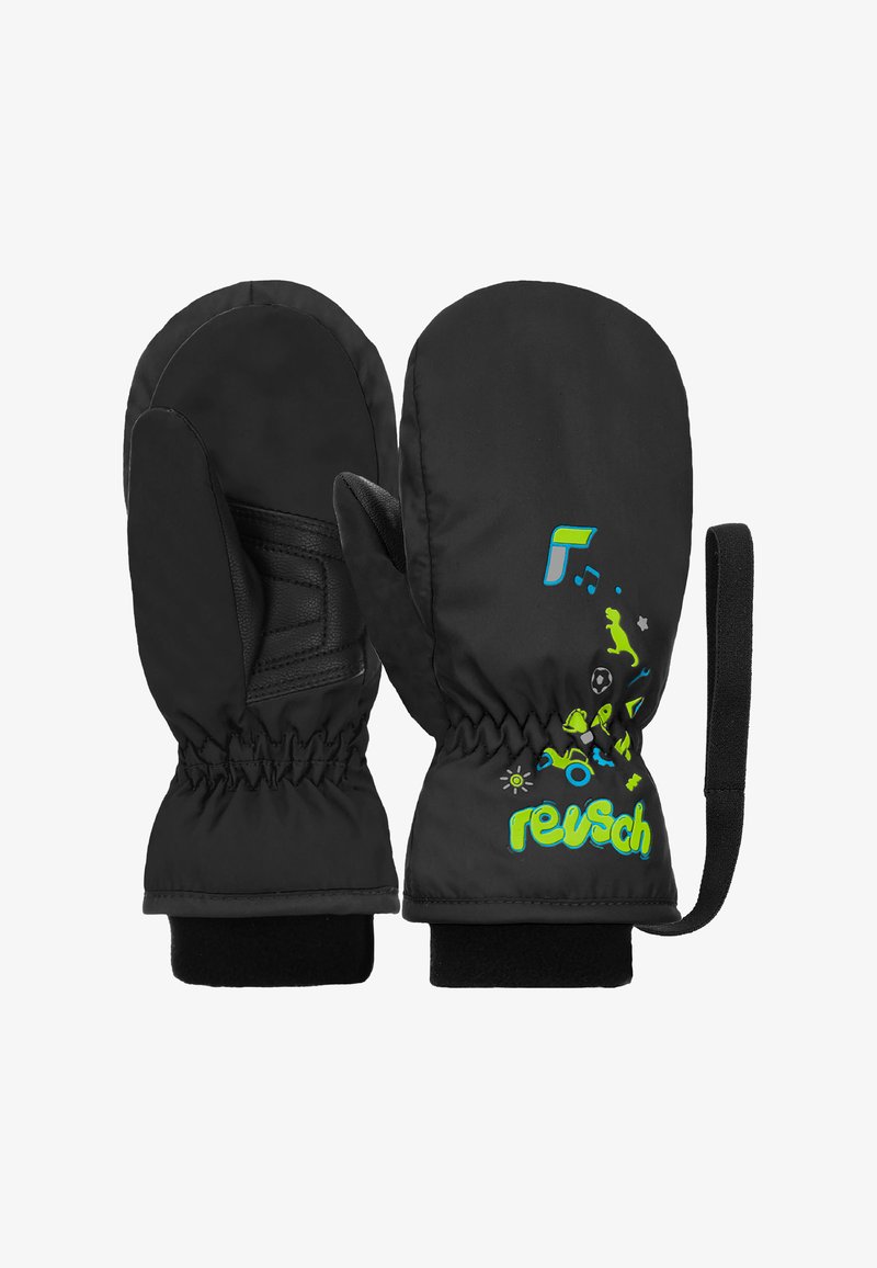 Guanti neri con polsini elasticizzati, dotati di una morbida fodera in tessuto. Decorati con grafiche colorate e giocose e un logo nella parte anteriore.