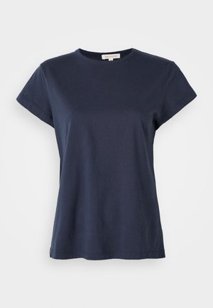 Navyblaues Baumwoll-T-Shirt mit kurzen Ärmeln, Rundhalsausschnitt und lässiger Passform. Verfügt über eine minimale Markenkennzeichnung am Saum. Glatte Textur.