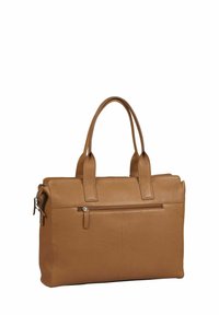Leren totebag in een tan kleur met dubbele handvatten, een ritsvak aan de voorkant en een gestructureerd oppervlak. Rechthoekige vorm met zichtbare stiksels.