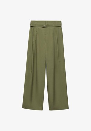 Olive zielone spodnie w szeroką nogawkę z wysokim pasem i paskiem, plisami z przodu, gładkiego materiału i prostym krojem od bioder do hemu.