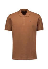 Bruine polo shirt gemaakt van gladde stof, met een klassieke kraag, een drie-knopenlijst en een klein logo op de borst.