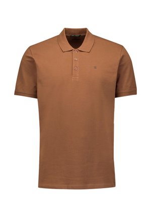 Bruine polo shirt gemaakt van gladde stof, met een klassieke kraag, een drie-knopenlijst en een klein logo op de borst.