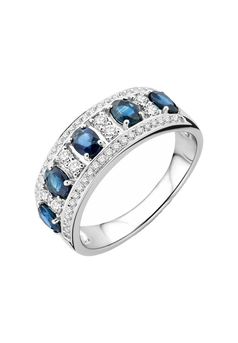 Hopeakoru, jossa vuorottelevat siniset jalokivet ja kirkkaat timantit, sujuvalla kiillotetulla rengasosalla ja monimutkaisella yksityiskohdalla kivien ympärillä.