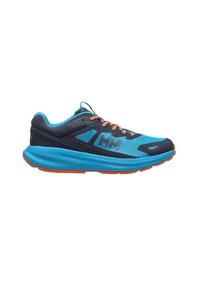 Zapatilla de correr con una parte superior de malla azul transpirable y acentos en negro, cordones naranjas y una suela ligera azul con textura antideslizante.