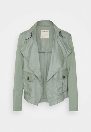 Let salviegrøn, letvægtsjakke med draperet åben front, lange ærmer og lommer med knapflap på begge sider, mærket Esprit.