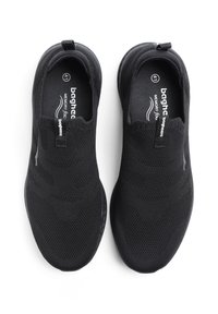 Svarta slip-on sneakers med överdel i texturerad stickad ull, minnesskumssula och dragflik. Lättviktsdesign, idealisk för komfort och avslappnad användning.