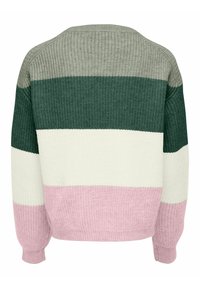Gebreid sweater met brede strepen in grijs, donkergroen, wit en pastelroze. Heeft een relaxed fit en geribbelde textuur. Achteraanzicht weergegeven.