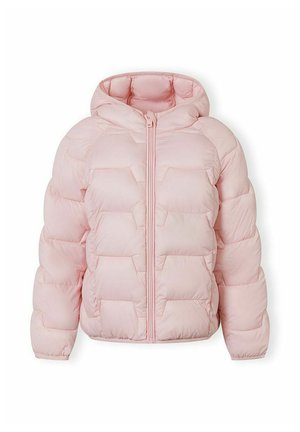 Jasnoróżowa, pikowana kurtka puchowa z kapturem, długimi rękawami i zamkiem błyskawicznym z przodu, zaprojektowana dla ciepła i codziennego użytku.