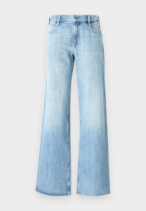 Light blue denim flared jeans featuring a high waist, classic five-pocket design, and button closure with a slight fade near the hem.
