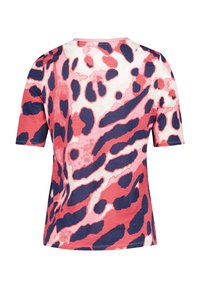 Short-sleeve T-shirt featuring a vibrant pink and navy abstract animal print, round neckline, and soft fabric texture.
