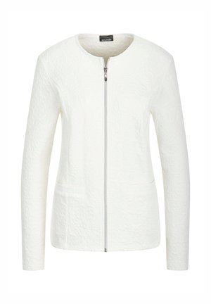 Witte textuur jas met ronde halslijn, lange mouwen, ritssluiting aan de voorkant en twee voorkanten zakken.