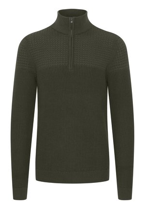 Tume roheline tõmbluku kaelusega sviiter, millel on tekstuuriga kudumine, soonikkoes varrukad ja äär, ning sujuv krae lisamugavuseks.