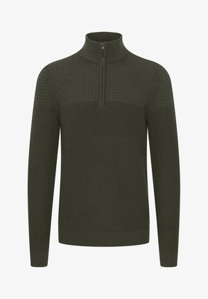 Tume roheline tõmbluku kaelusega sviiter, millel on tekstuuriga kudumine, soonikkoes varrukad ja äär, ning sujuv krae lisamugavuseks.