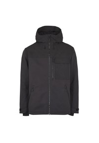 Veste noire à capuche avec fermeture éclair frontale, deux poches latérales zippées et une poche poitrine avec rabat et fermeture éclair verticale.