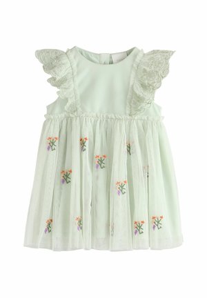 Hellgrünes Kleid mit Spitzenärmeln mit Rüschen, gestuften transparenten Überzügen und Blumenstickerei in Orange und Lila am Saum.