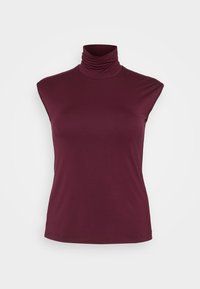 Burgunderfarget turtleneck ermeløs topp i mykt, elastisk stoff; har høyt krage og glatt tekstur uten mønstre eller detaljer.
