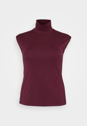 Burgunderfarget turtleneck ermeløs topp i mykt, elastisk stoff; har høyt krage og glatt tekstur uten mønstre eller detaljer.