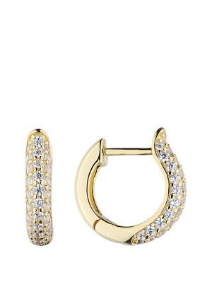 Gold hoop earrings with a partial row of small round clear gemstones on the outer surface and a hinged clasp closure.