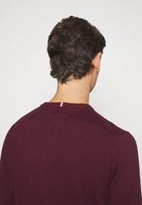 Bordeauxroter Strickpullover mit geripptem Kragen und kleinem dreifarbigen Akzent am hinteren Nacken; weiche Textur mit figurbetontem Design.