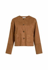 Veste en daim marron cropped avec un col rond, des boutons sur le devant et deux poches sur la poitrine. Dotée de manches longues et de détails de couture minimes.